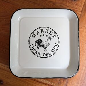 White Enamel Square Plate with Rooster Design